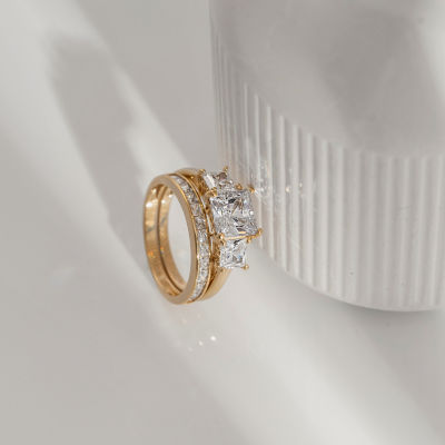 Diamonart Womens Cubic Zirconia 14K Gold Over Silver 3-Stone Bridal Set