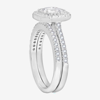 Diamonart Womens Cubic Zirconia Sterling Silver Cushion Side Stone Halo Bridal Set