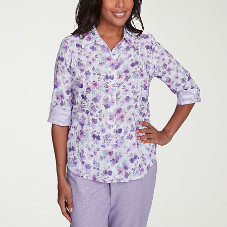 Alfred Dunner Crystal Springs Womens 3/4 Sleeve Button-Down Shirt