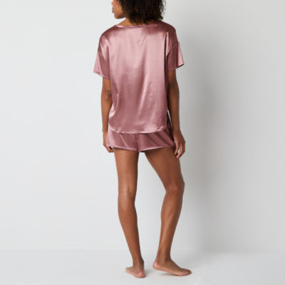 Ambrielle Womens Satin Crew Neck Short Sleeve 2-pc. Pajama Sets