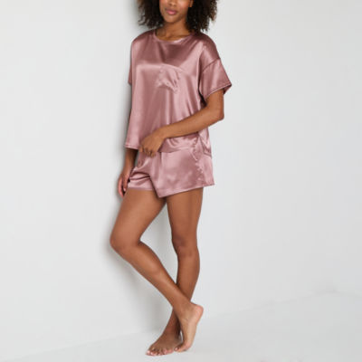Ambrielle Womens Satin Crew Neck Short Sleeve 2-pc. Pajama Sets