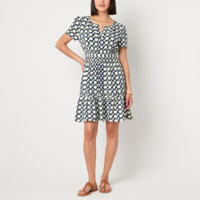 Be by CHETTA B Womens Short Sleeve Geometric Fit + Flare Dress