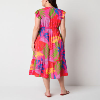 52seven Womens Short Sleeve Floral Midi Fit + Flare Dress Plus