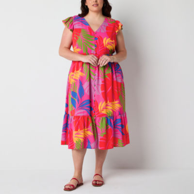 52seven Womens Short Sleeve Floral Midi Fit + Flare Dress Plus