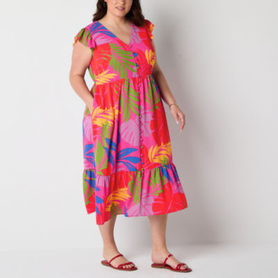 52seven Womens Short Sleeve Floral Midi Fit + Flare Dress Plus