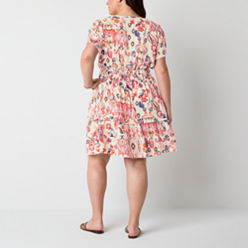 Be by CHETTA B Womens Short Sleeve Medallion Fit + Flare Dress Plus