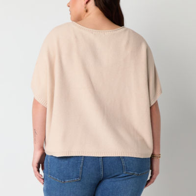 Frye and Co. Plus Pointelle Womens Crew Neck Short Sleeve Pullover Sweater