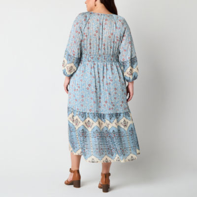 Frye and Co. Womens Plus 3/4 Sleeve Floral Midi Fit + Flare Dress