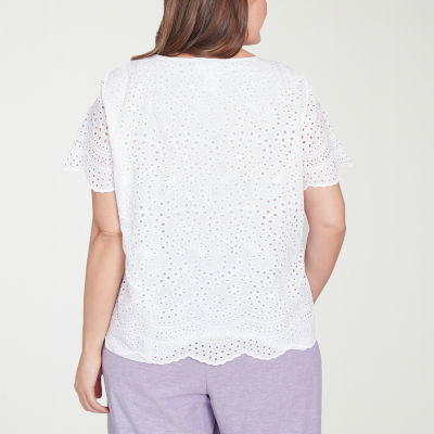 Alfred Dunner Crystal Springs Womens Plus Crew Neck Short Sleeve Blouse