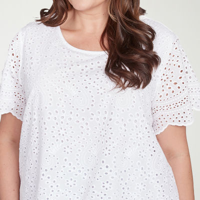 Alfred Dunner Crystal Springs Womens Crew Neck Short Sleeve Plus Blouse