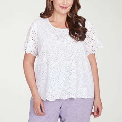 Alfred Dunner Crystal Springs Womens Plus Crew Neck Short Sleeve Blouse