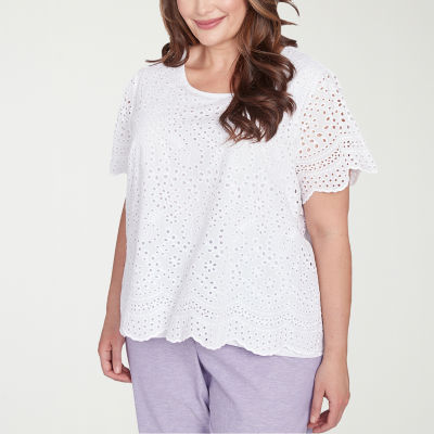 Alfred Dunner Crystal Springs Womens Plus Crew Neck Short Sleeve Blouse