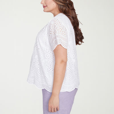 Alfred Dunner Crystal Springs Womens Plus Crew Neck Short Sleeve Blouse