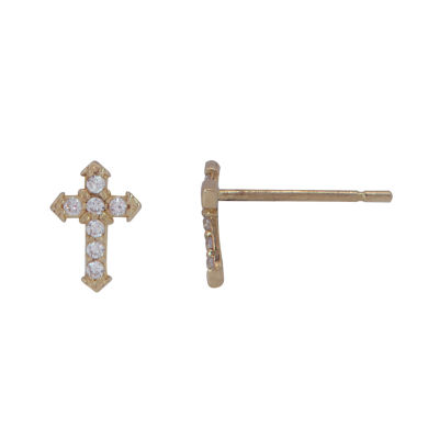 White Cubic Zirconia 14K Gold 7mm Cross Stud Earrings