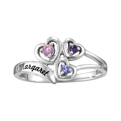 Personalized Womens Genuine Multi Color Stone 14K Gold Heart 3-Stone Cocktail Ring