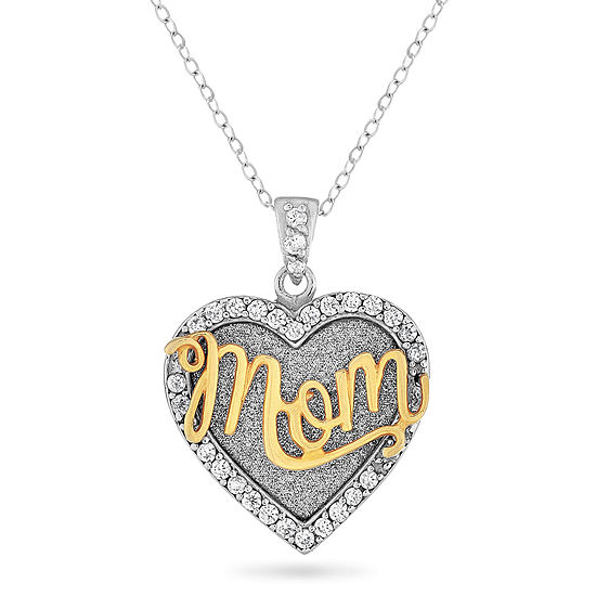 STERLING SILVER AND 18K GOLD OVER SILVER CUBIC ZIRCONIA GLITTER GOLD MOM HEART NECKLACE 18 INCH