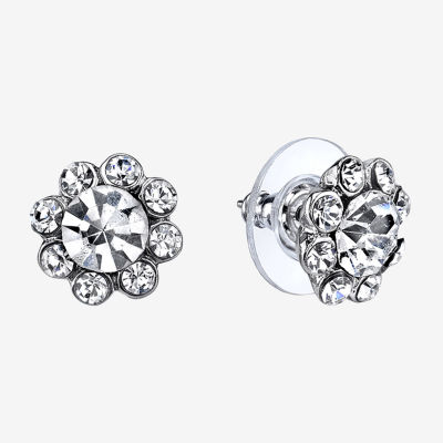 1928 Silver Tone Crystal 1/2 Inch Flower Stud Earrings, Color White