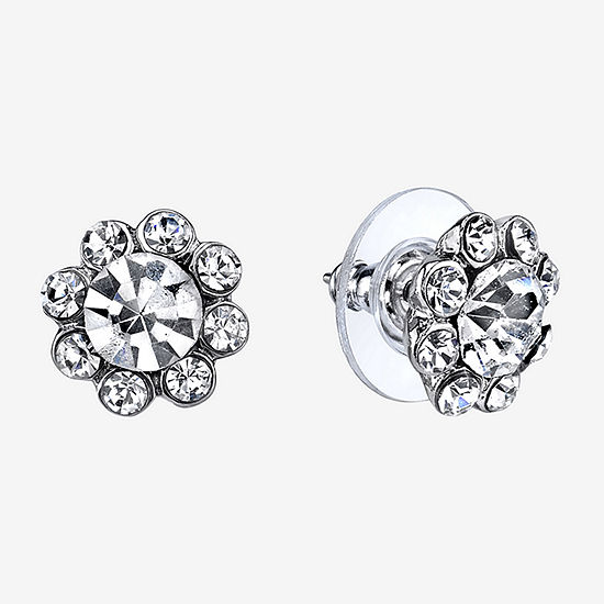 1928 Silver Tone Crystal 1/2 Inch Flower Stud Earrings