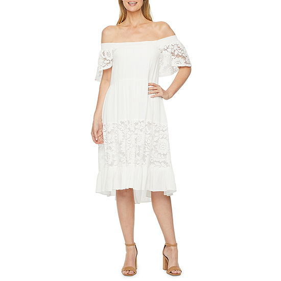 Robbie Bee Off The Shoulder Lace Inset Fit + Flare Dress