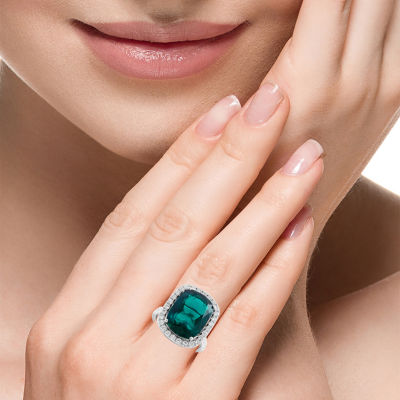 Effy  Womens 1 CT. T.W. Lab Created Green Emerald 14K White Gold Halo Side Stone Cocktail Ring