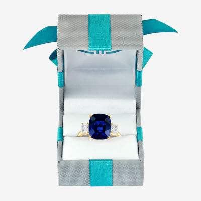 Effy Womens Lab Created Blue Sapphire & 1/5 CT. T.W. Grown Diamond 14K Gold Cushion Cocktail Ring