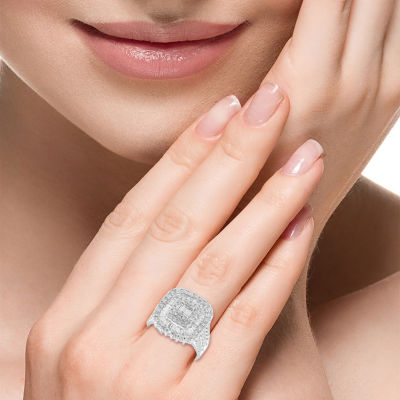 Effy Final Call Womens 2 CT. T.W. Natural White Diamond 14K White Gold Cushion Halo Cocktail Ring