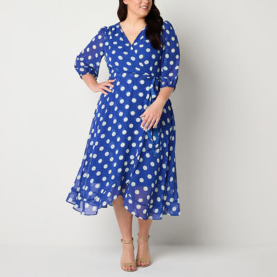 Danny & Nicole Womens Plus 3/4 Sleeve Polka Dot Midi Fit + Flare Dress