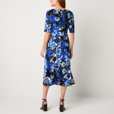 Black Label by Evan-Picone Womens Short Sleeve Floral Midi Fit + Flare Dress