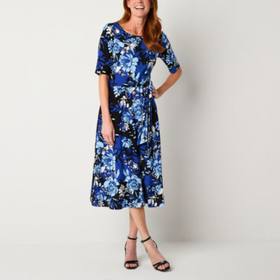 Black Label by Evan-Picone Short Sleeve Floral Midi Fit + Flare Dress