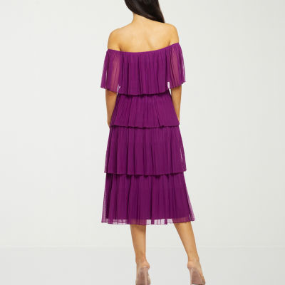 Premier Amour Off the Shoulder Mesh Midi Shift Dress