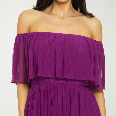 Premier Amour Off the Shoulder Mesh Midi Shift Dress