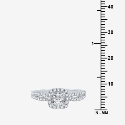 (H-I / I1) Signature By Modern Bride Womens 1 CT. T.W. Lab Grown White Diamond Cushion Side Stone Halo Engagement Ring