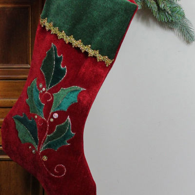 Northlight 21in Red And Green Holly Embroidered Velvet Christmas Stocking