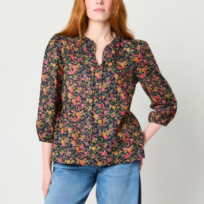 St. John's Bay Womens Split Tie Neck 3/4 Sleeve Blouse