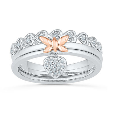 Womens 1/10 CT. T.W. Natural White Diamond 10K Gold Over Silver Butterfly Heart Ring Set