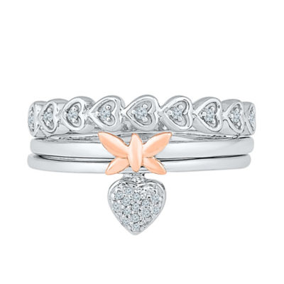 Womens 1/10 CT. T.W. Natural White Diamond 10K Gold Over Silver Butterfly Heart Ring Set
