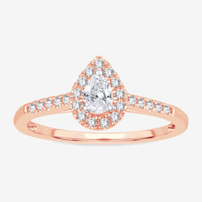 Womens 1/3 CT. T.W. Natural White Diamond 10K Rose Gold Pear Side Stone Halo Engagement Ring