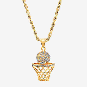 Ball and Hoop - Cubic Zirconia (Stainless Steel) Basketball Necklace Gold Plated