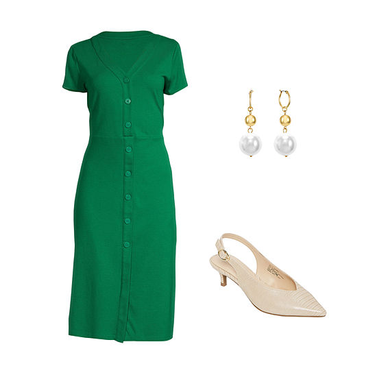 Liz Claiborne Button-Front Midi Dress, Handbag & Hoop Earrings