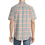 St. John's Bay Poplin Dexterity Mens Adaptive Classic Fit Short Sleeve Plaid Button-Down Shirt