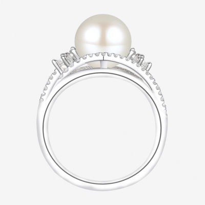 Womens 8-9MM Dyed White Cultured Freshwater Pearl Sterling Silver Halo Crossover Cocktail Ring