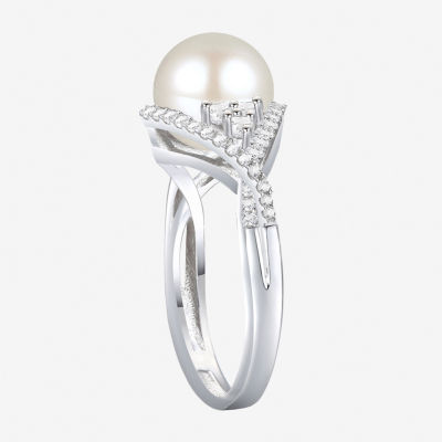 Womens 8-9MM Dyed White Cultured Freshwater Pearl Sterling Silver Halo Crossover Cocktail Ring