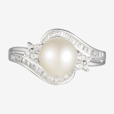 Womens 8-8.5MM White Cultured Freshwater Pearl Sterling Silver Halo Side Stone Cocktail Ring