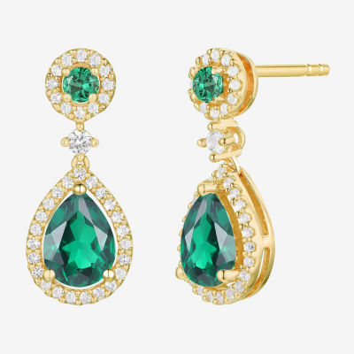 Lab Created Green Emerald 14K Gold Over Silver Pear Drop Earrings