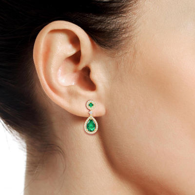 Lab Created Green Emerald 14K Gold Over Silver Pear Drop Earrings