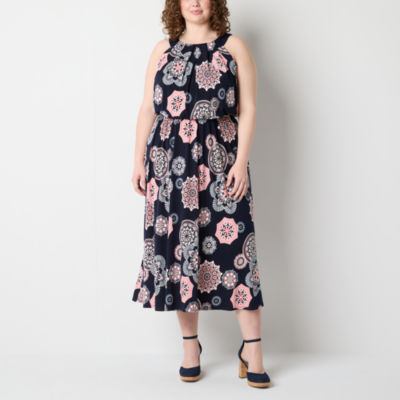 Robbie Bee Plus Sleeveless Medallion Maxi Dress, Color Navy Coral