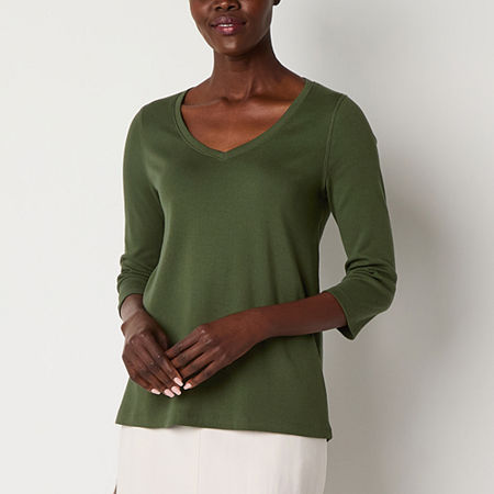 St. John's Bay Womens V Neck 3/4 Sleeve Adaptive Easy-on + Easy-off T-Shirt, Xx-large, Green