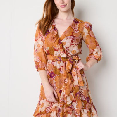 Melonie T Womens 3/4 Sleeve Floral Fit + Flare Dress