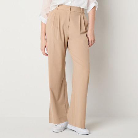 by&by-Juniors Womens High Rise Wide Leg Flat Front Pant, 6, Beige