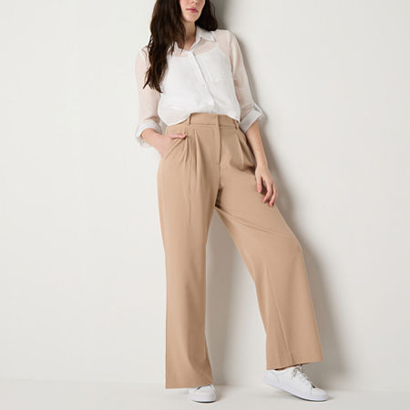 By&by-Juniors Womens High Rise Wide Leg Flat Front Pant, 16, Beige